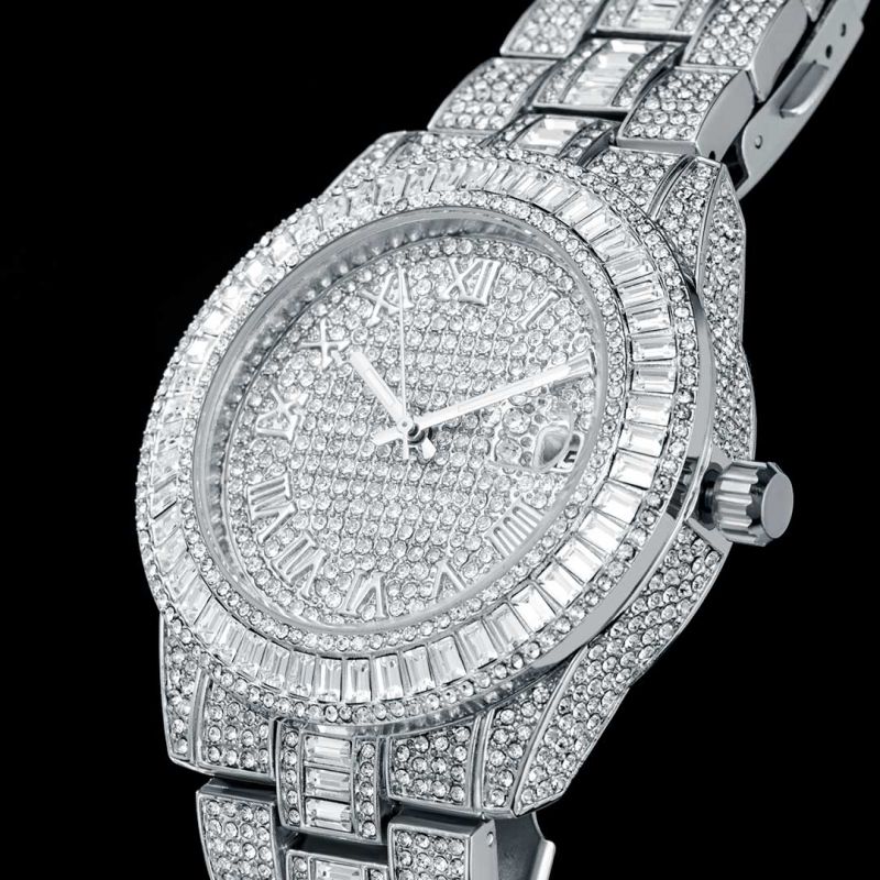 Iced Baguette Cut Roman Numerals Men's Watch in White Gold