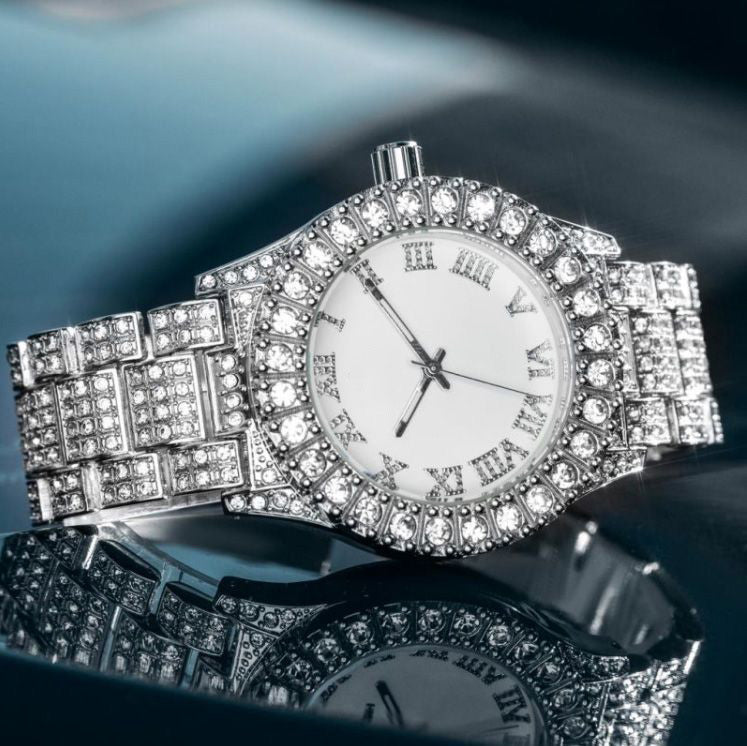 Iced Roman Numerals White Dial Watch and 12mm Cuban Bracelet Set in White Gold