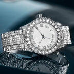 Iced Roman Numerals White Dial Watch and 12mm Cuban Bracelet Set in White Gold