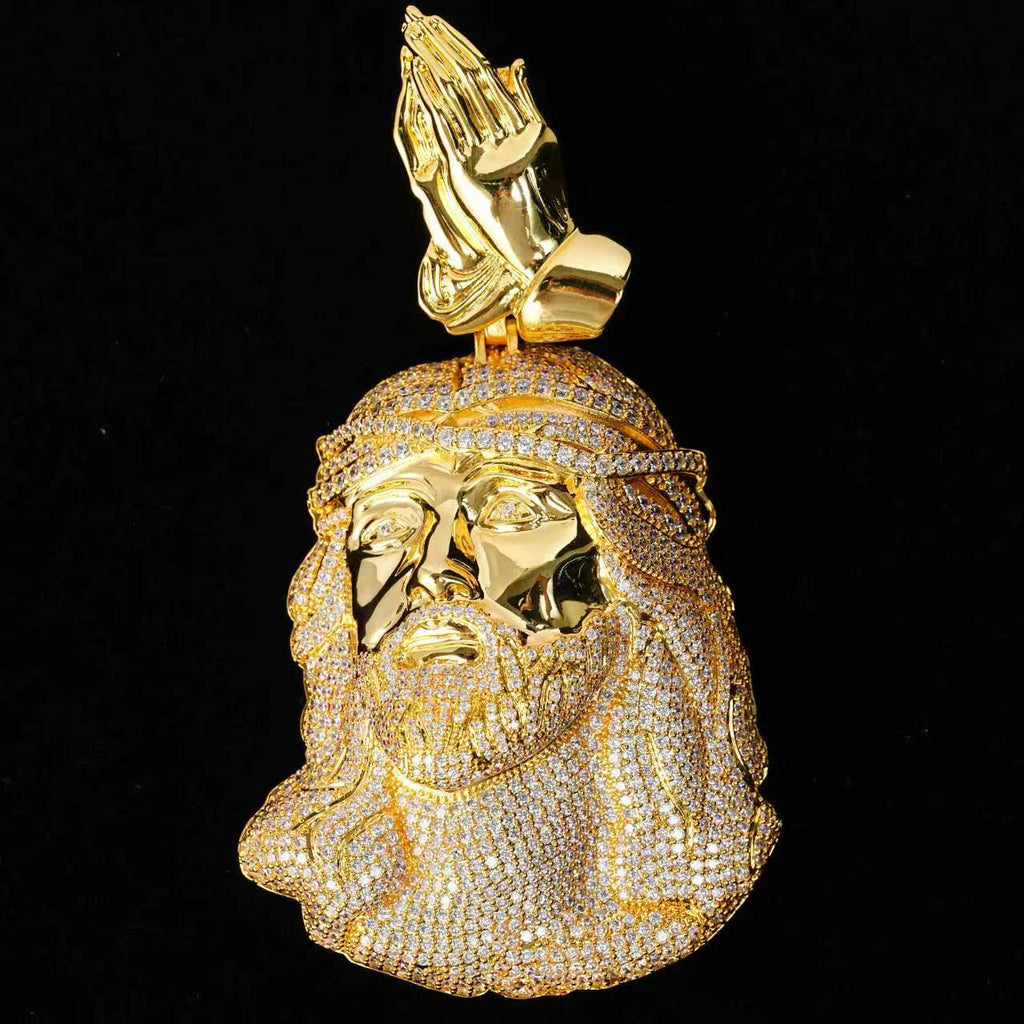 Religious Jewelry | Iced Out Jesus Hand Pendant "Pray Hand Bail"