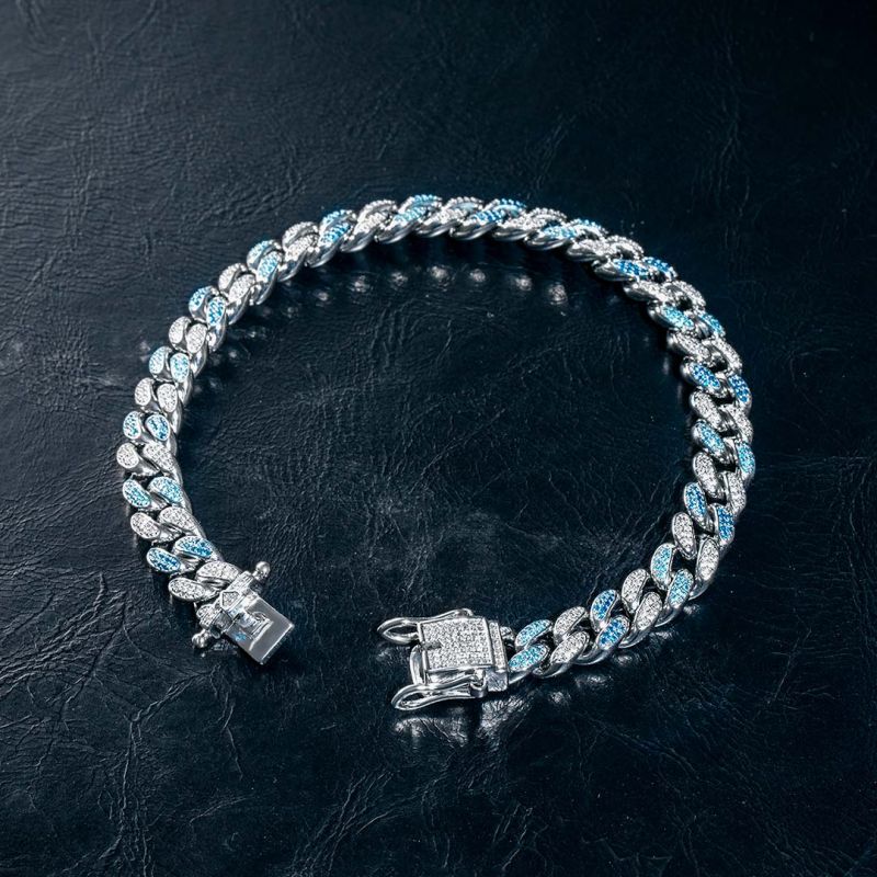 8mm Moissanite Blue&White Iced Cuban Bracelet