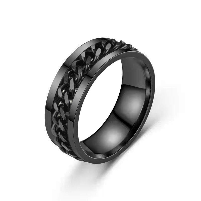 Rotating Titanium Steel Cuban Chain Fidget Ring in Black Gold