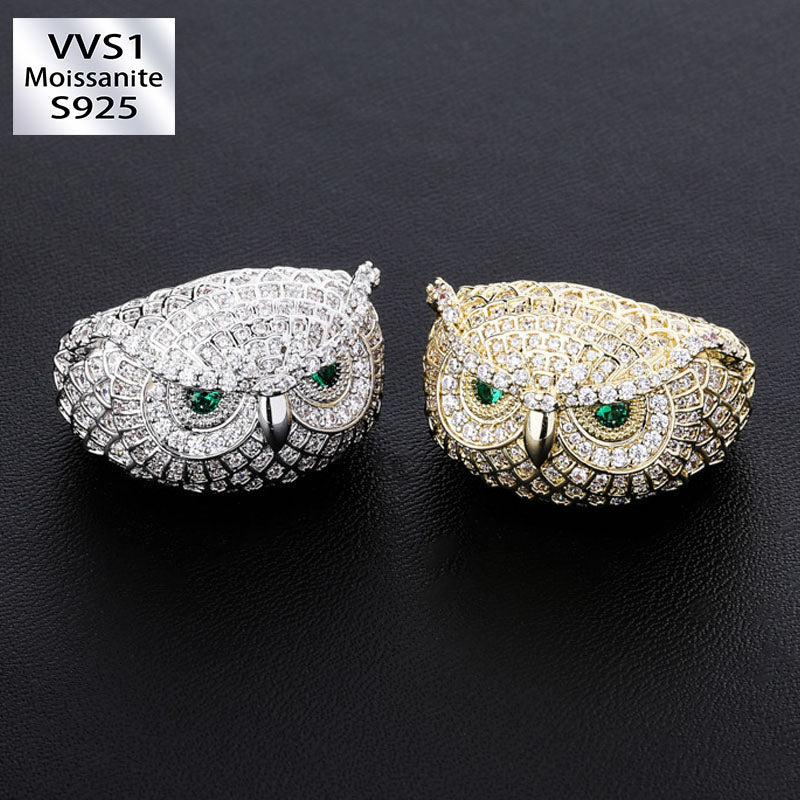 18K Gold Plated Moissanite Owl with Jewel Hip Hop Ring