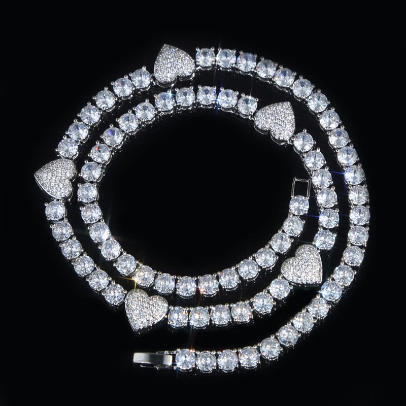 5mm Moissanite Heart and Iced Basketball Tennis Chain in White Gold