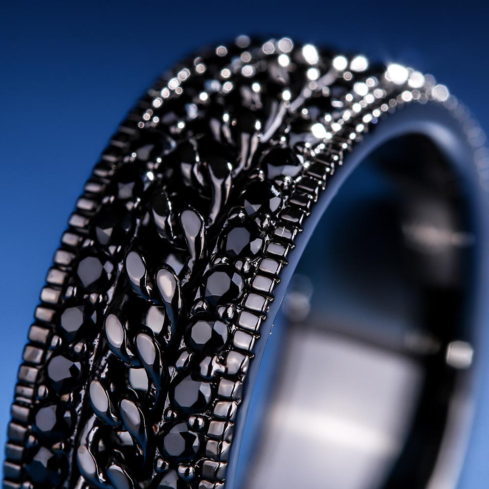 Iced Out Moissanite Cuban Link Rotating Mens Ring in Black Gold