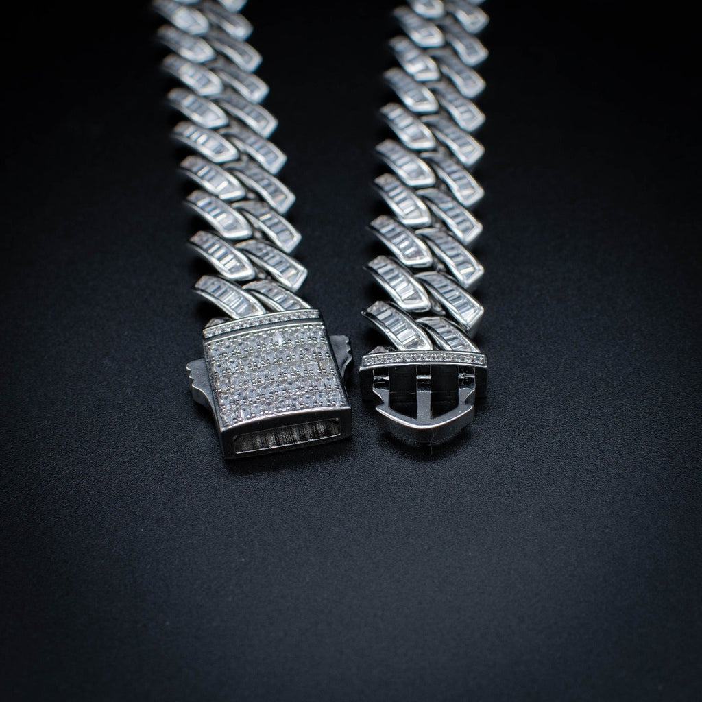 18mm Baguette Cuban Link Chain in White Gold