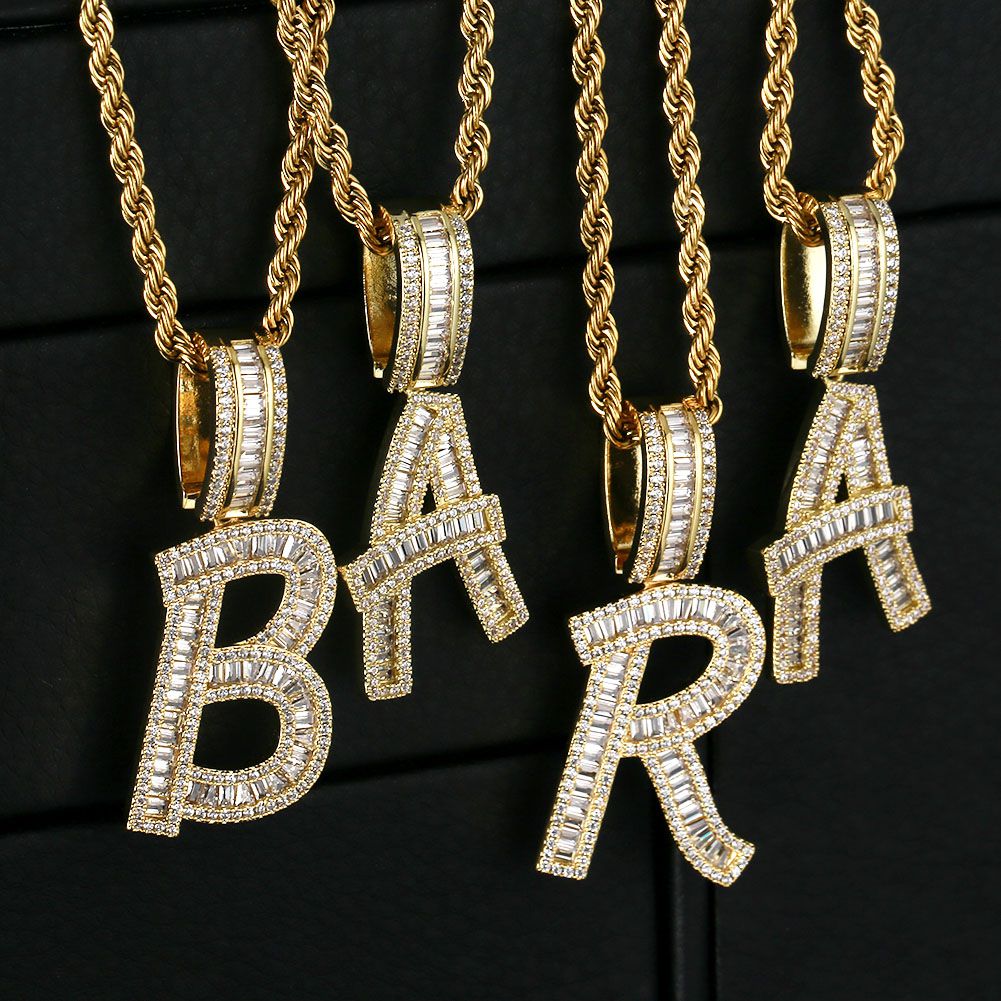 Iced Out Baguette Cut Letters Pendant Name Moissanite Necklace in White Gold/Gold