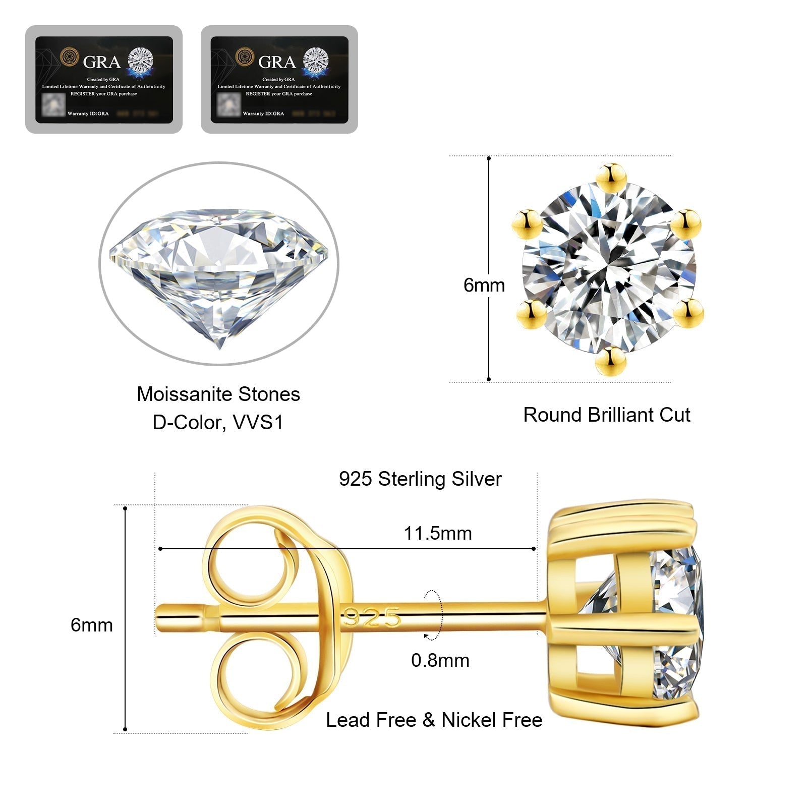 0.6/0.8/1.0 Carats *2 Round Excellent VVS1 Moissanite Earrings