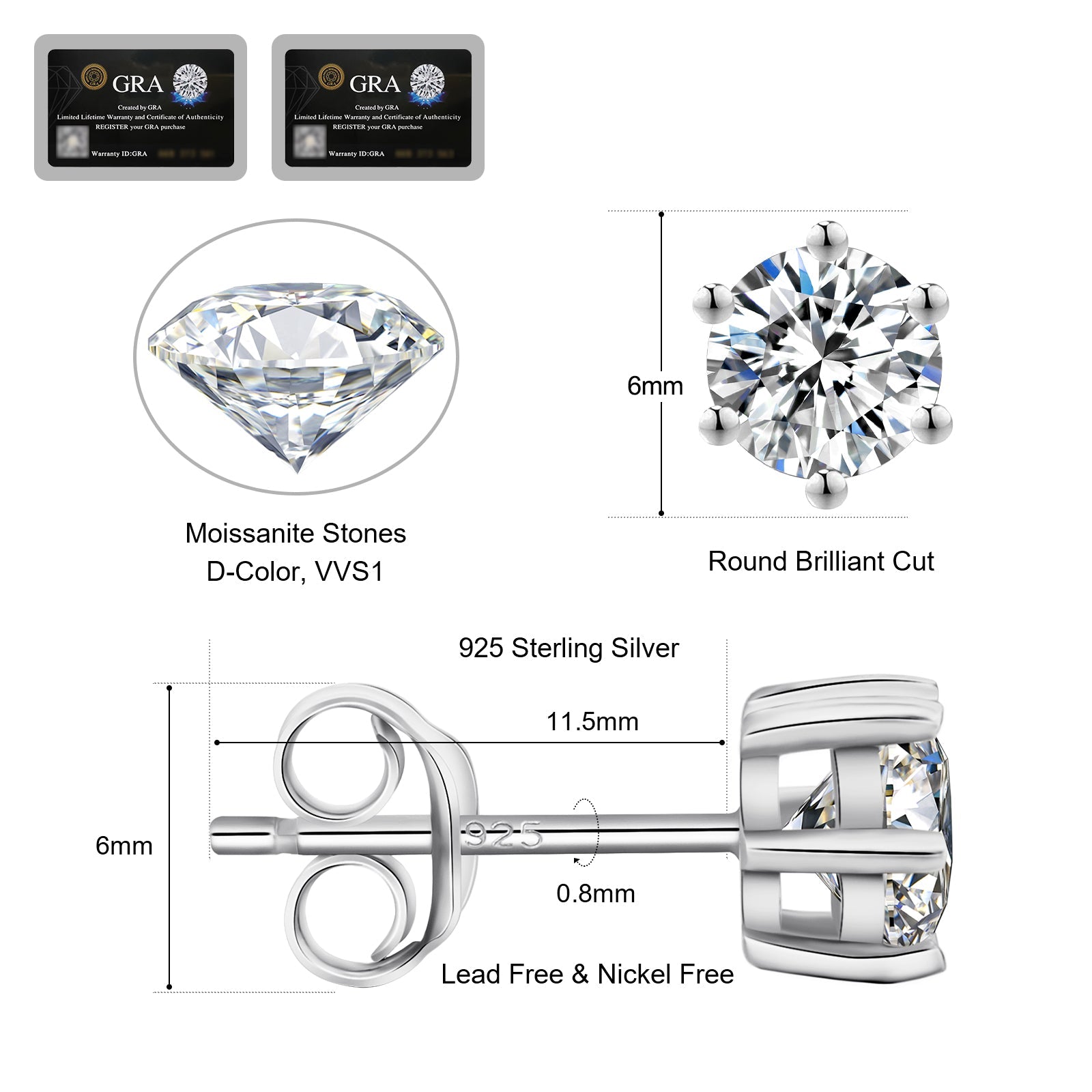 0.6/0.8/1.0 Carats *2 Round Excellent VVS1 Moissanite Earrings