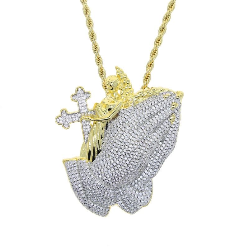 Iced Out Praying Hands Cross Pendant