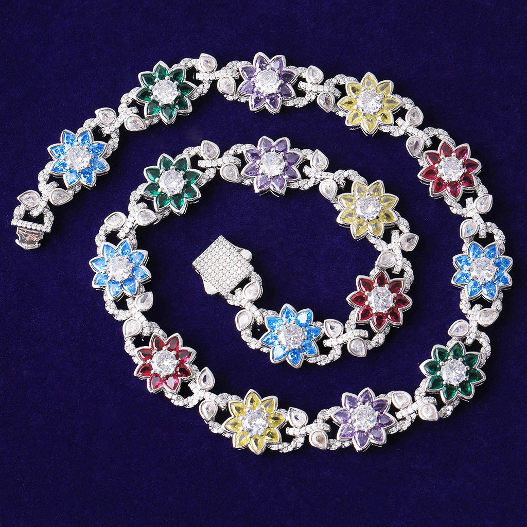 Hip-Hop Colored Flower Leaf Necklace with Moissanite
