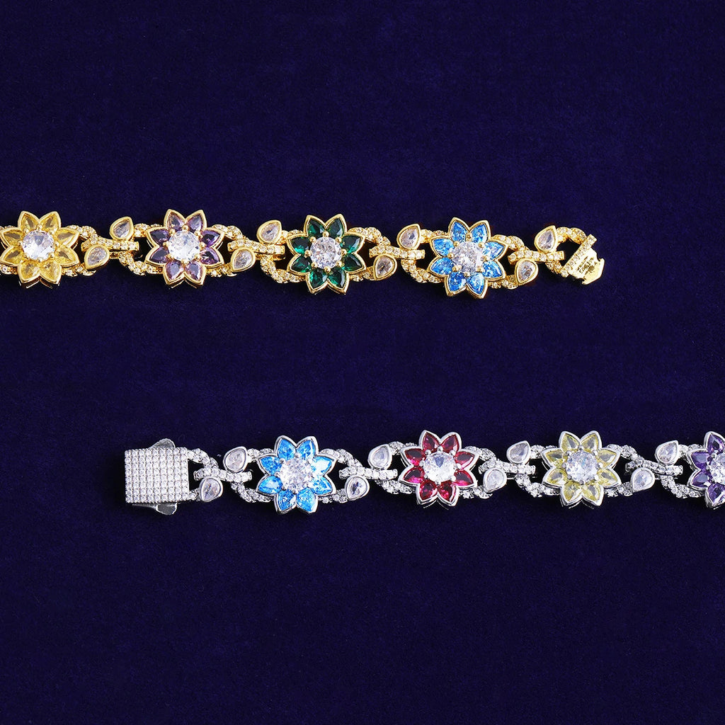 Hip-Hop Colored Flower Leaf Necklace with Moissanite