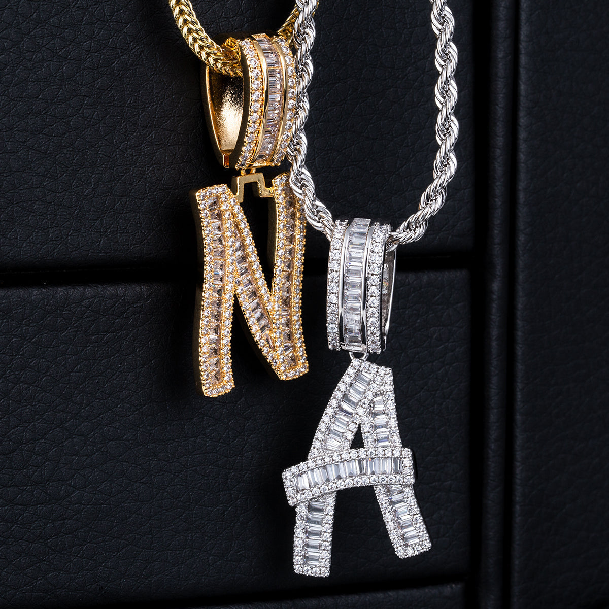 Iced Out Baguette Cut Letters Pendant Name Moissanite Necklace in White Gold/Gold