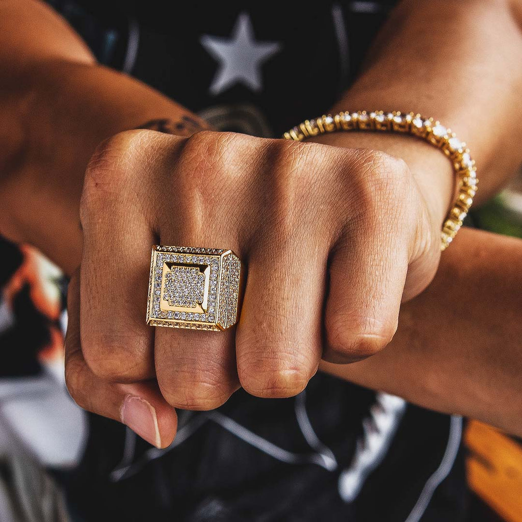 Moissanite Retro Cubist Mens Ring in 14K Gold