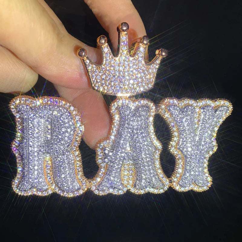 Moissanite Custom Crown Bail Layered Bubble Letter Pendant