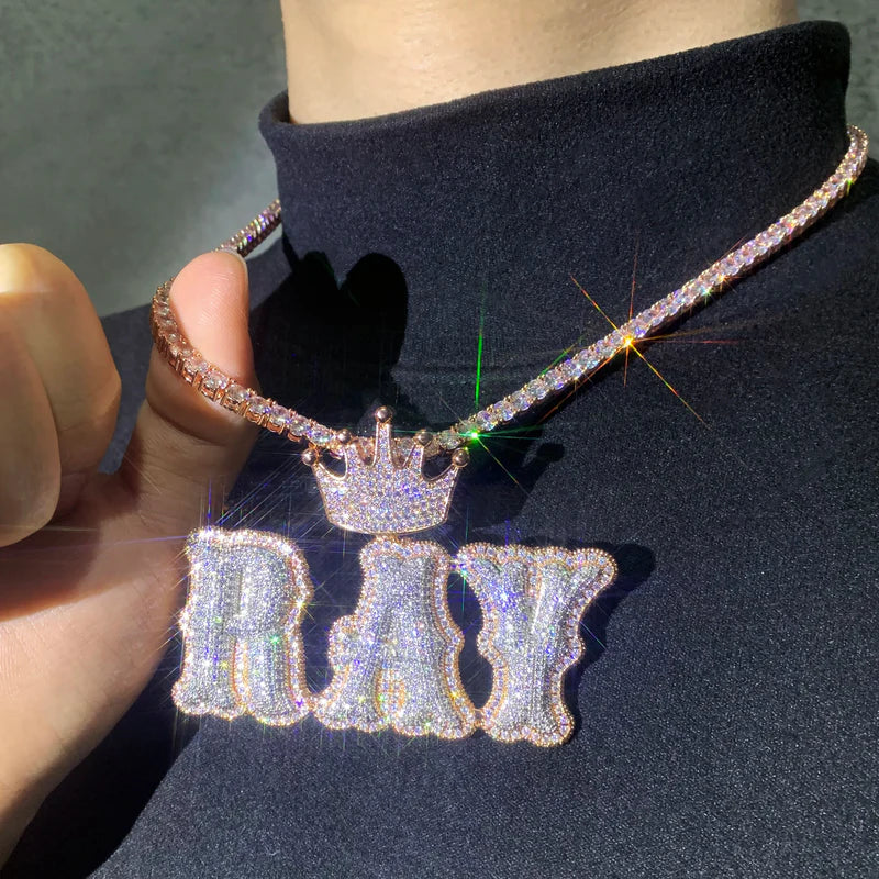 Moissanite Custom Crown Bail Layered Bubble Letter Pendant