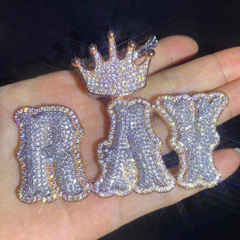 Moissanite Custom Crown Bail Layered Bubble Letter Pendant