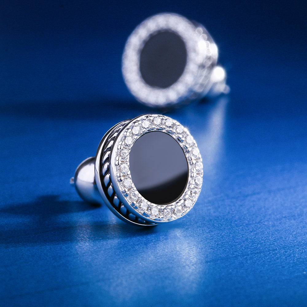 S925 Round Black Onyx Moissanite Stud Earrings for Men