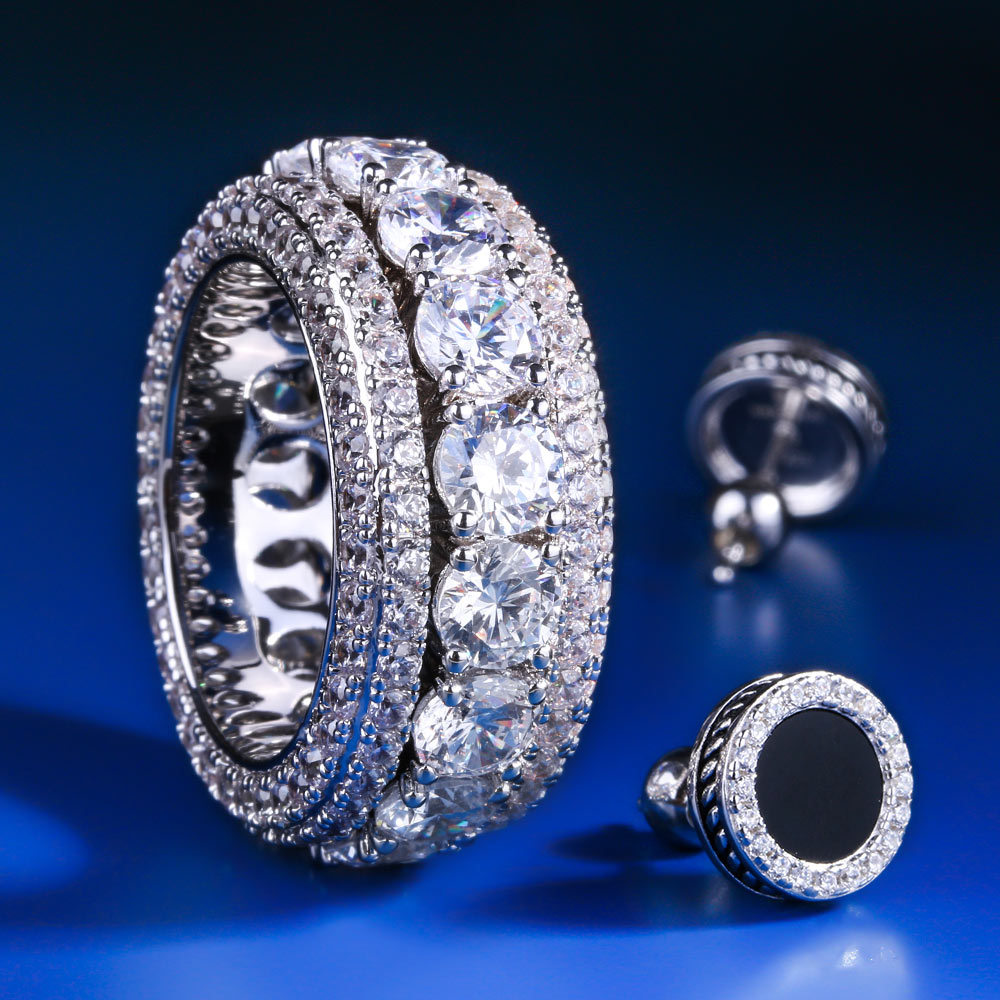 Iced Ring and Onyx Earrings Set White Gold Plated