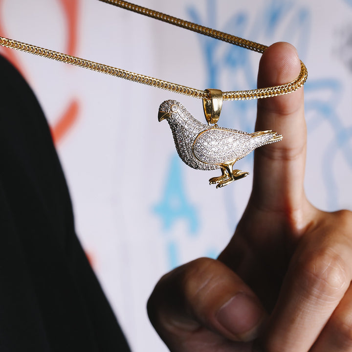 Iced Out Pigeon Mens Moissanite Pendant Necklace in 14K Gold