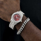 Iced Roman Numerals Watch and 12mm Moissanite Cuban Bracelet Set in White Gold