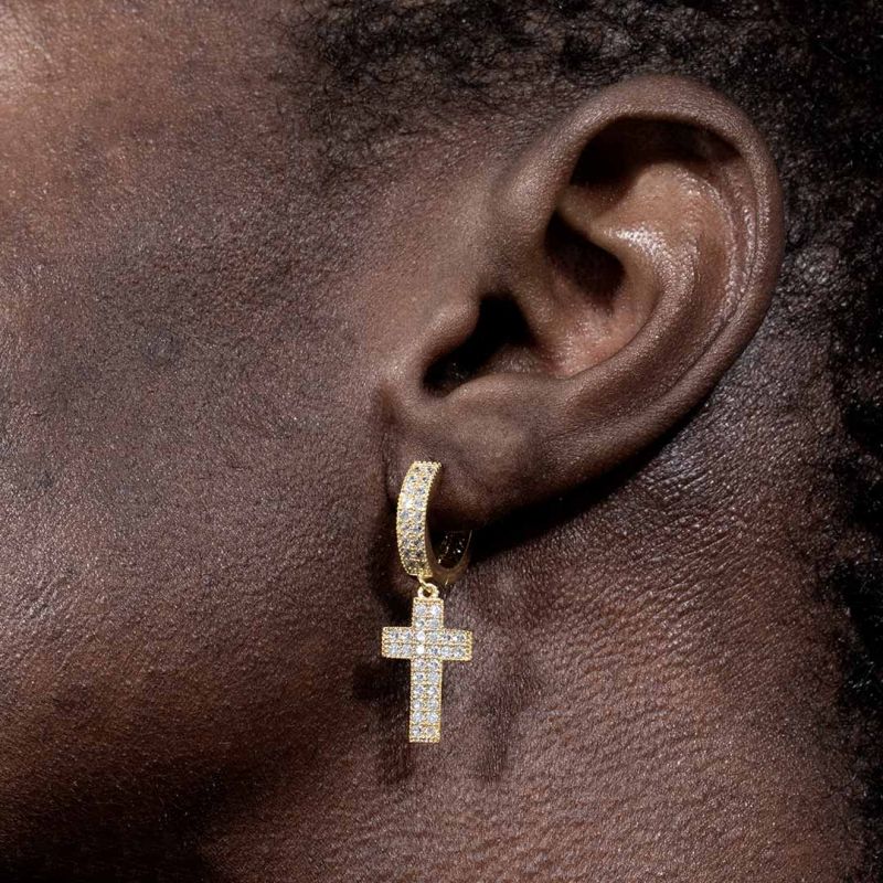 Moissanite Iced Double Rows Cross Earring in Gold