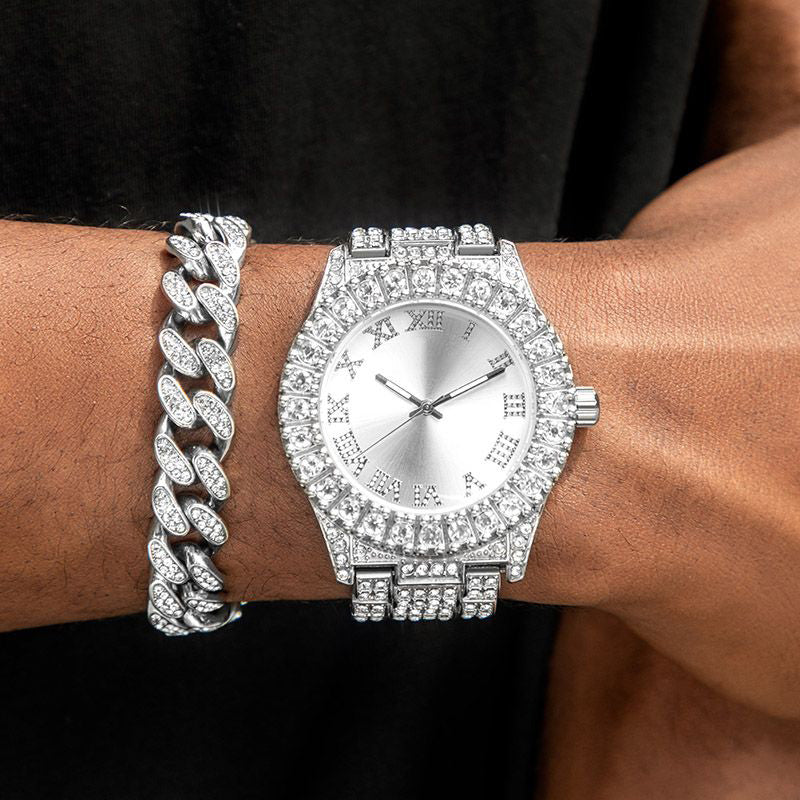 Iced Roman Numerals White Dial Watch and 12mm Cuban Bracelet Set in White Gold