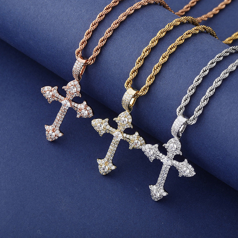 Ice Crystal Cluster Round Cut Cross Moissanite Pendant