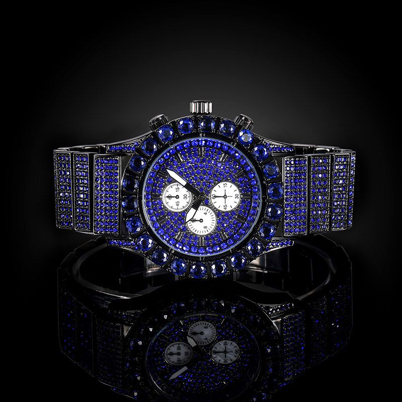 Iced Sapphire Round Cut Luminous Men's Watch in Black Gold