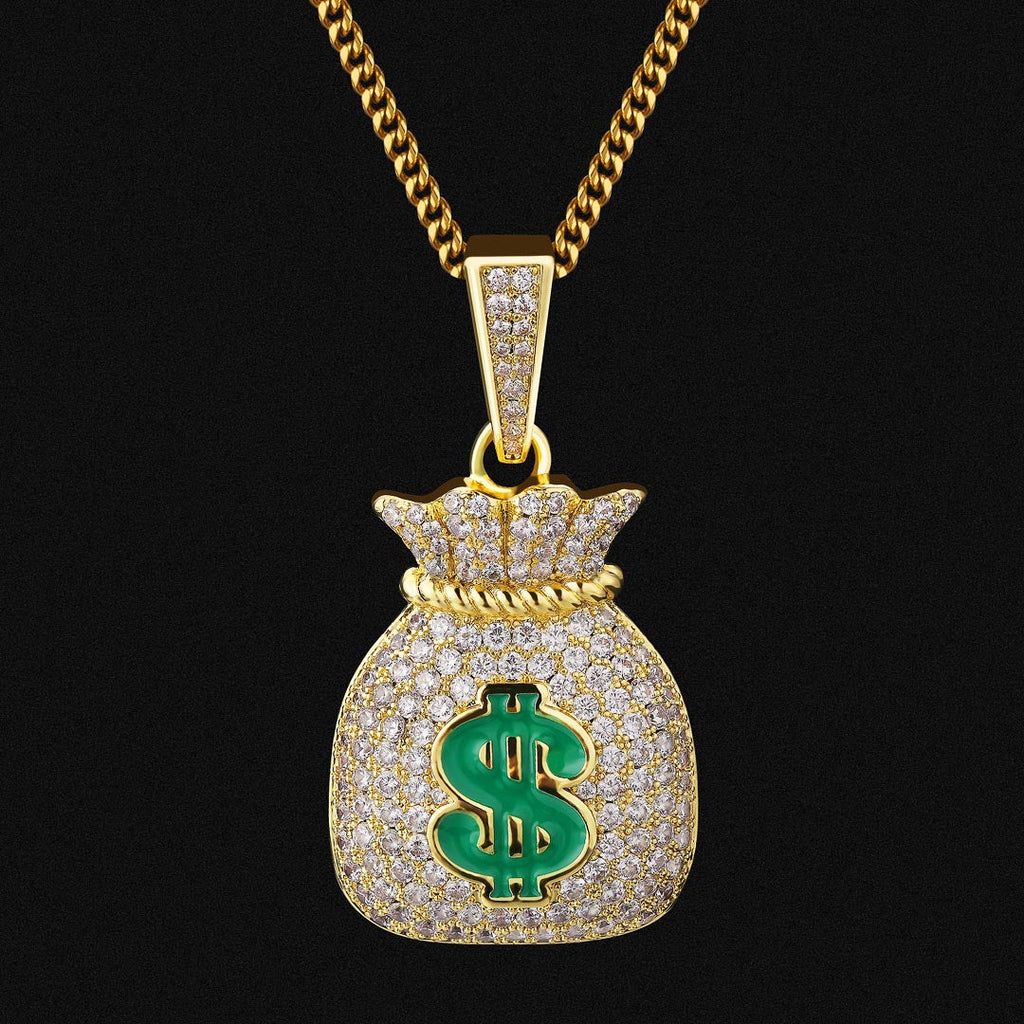 Iced Out Money Bag Mens Moissanite Pendant Necklace in 14K Gold