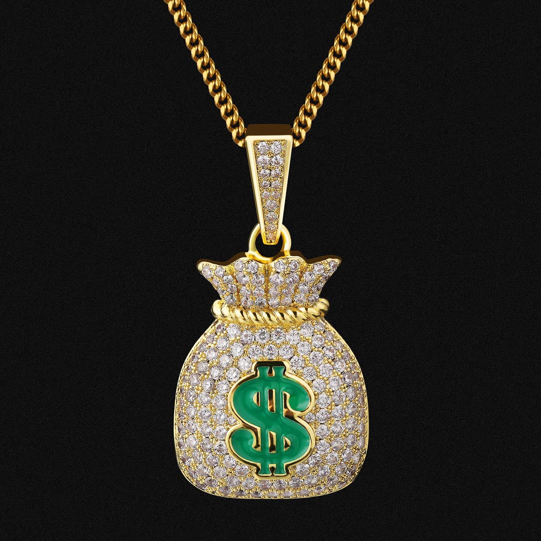 Iced Out Money Bag Mens Moissanite Pendant Necklace in 14K Gold