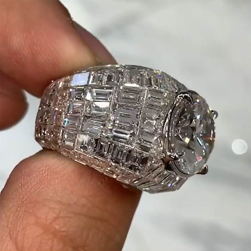5.8 CT Moissanite Round& Emerald Cut Ring