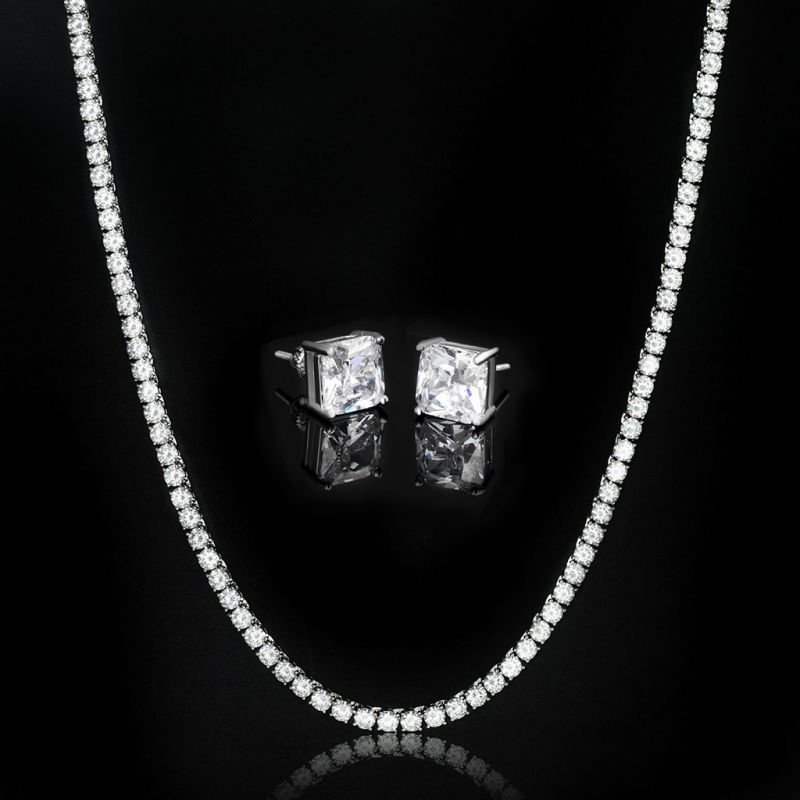 5mm Moissanite Tennis Chain + Radiant Cut Stud Earrings Set in White Gold