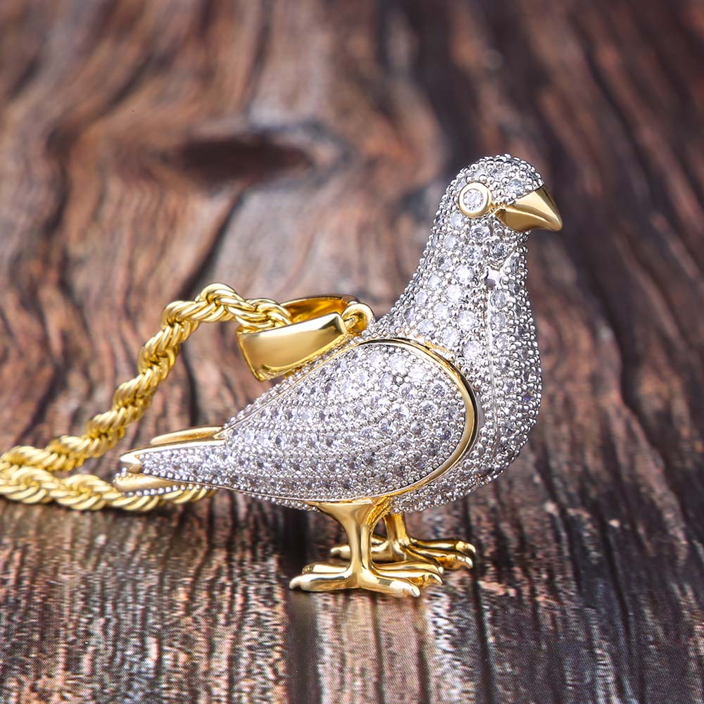 Iced Out Pigeon Mens Moissanite Pendant Necklace in 14K Gold