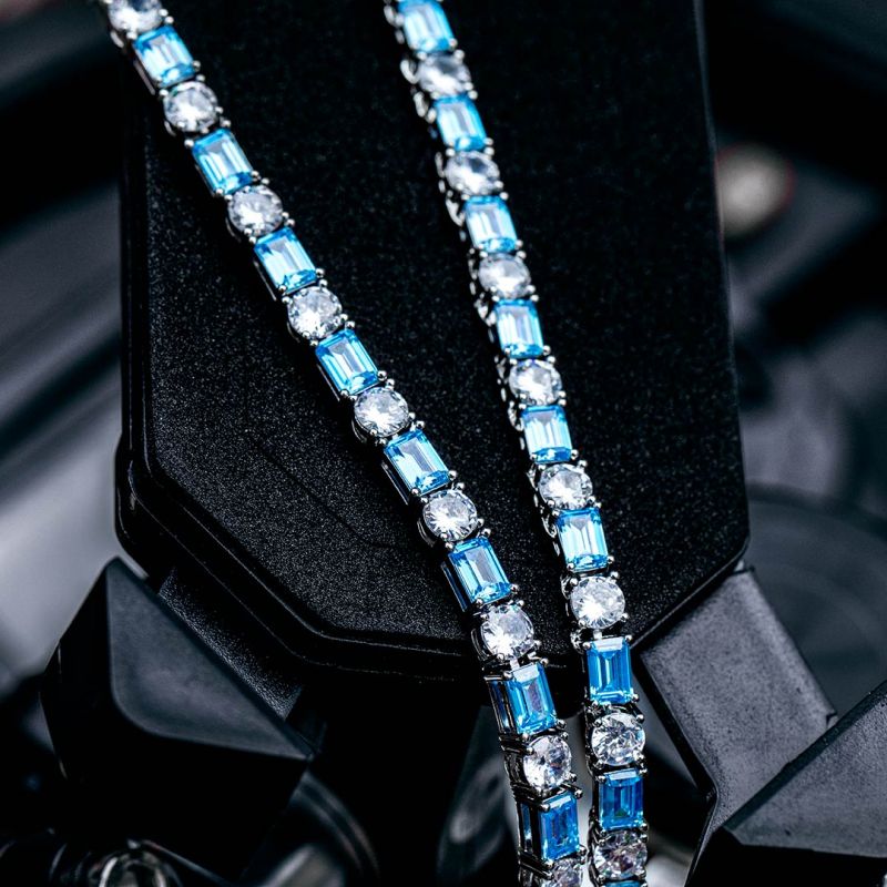 5mm Blue Baguette Cut Stone Tennis Chain in White Gold