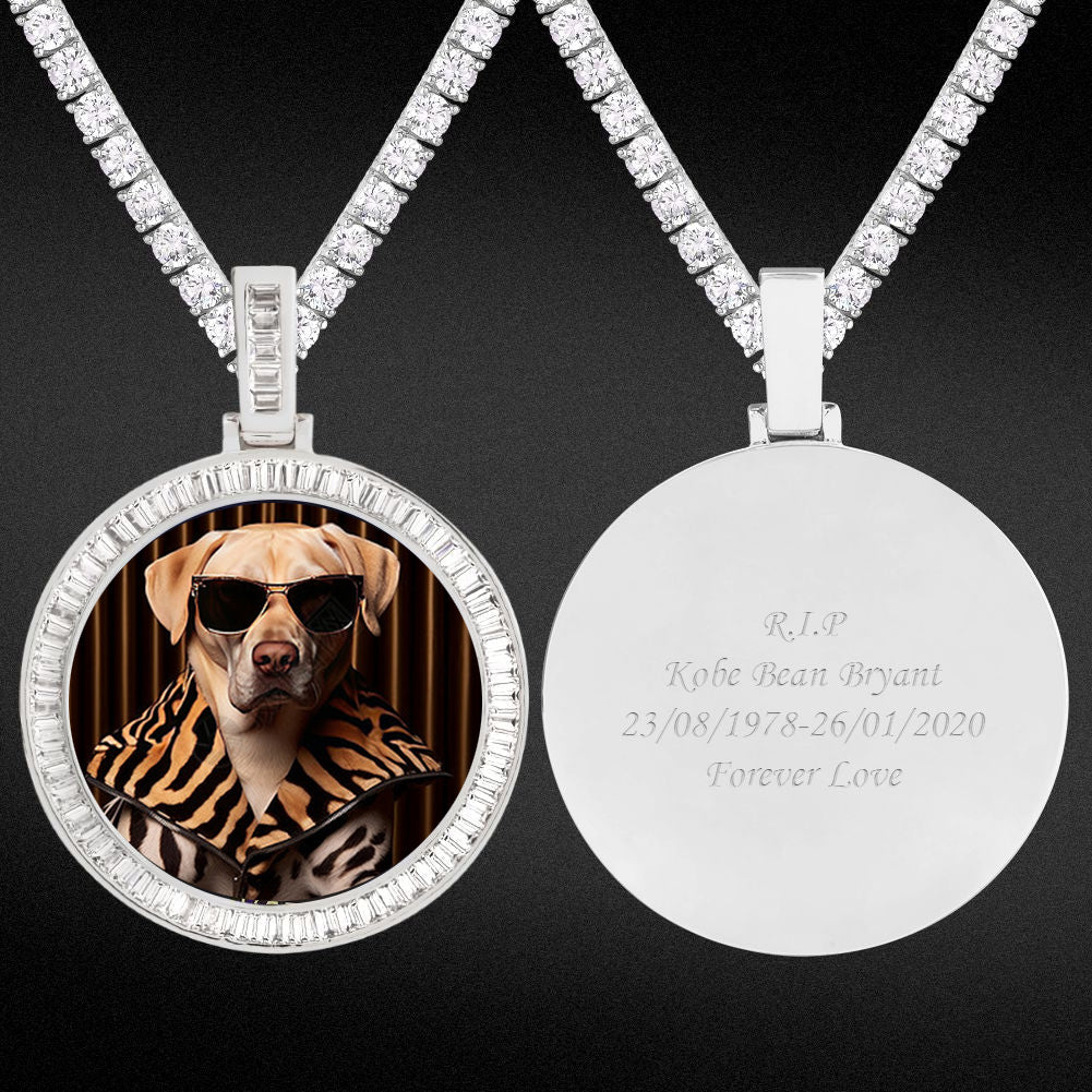 Iced Out Baguette Cut  Custom Round Picture Necklace Photo Moissanite Pendant
