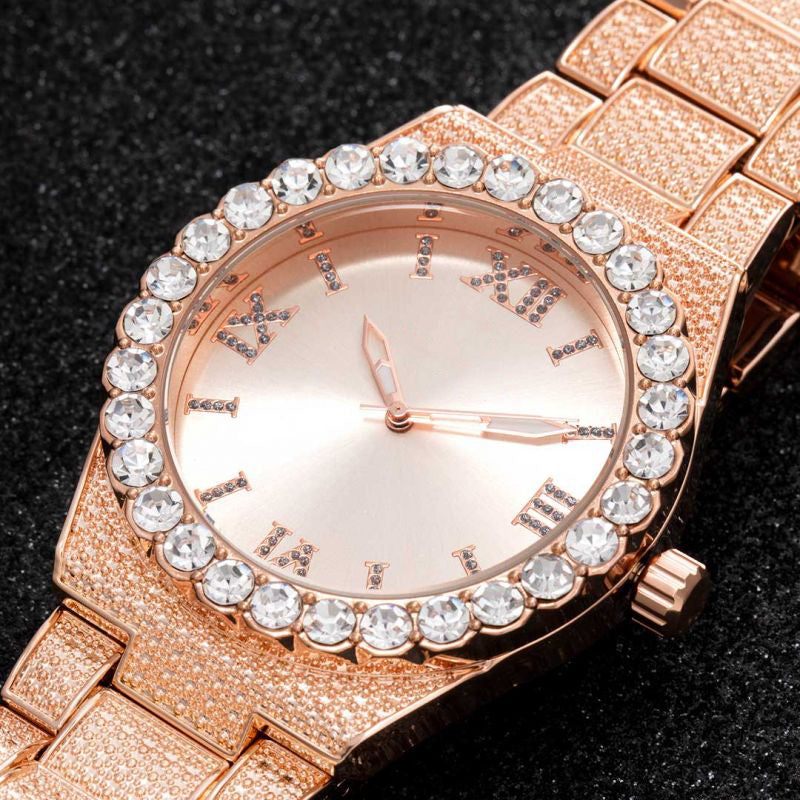 43mm Iced Round Cut Roman Numerals Men's Watch in Rose Gold