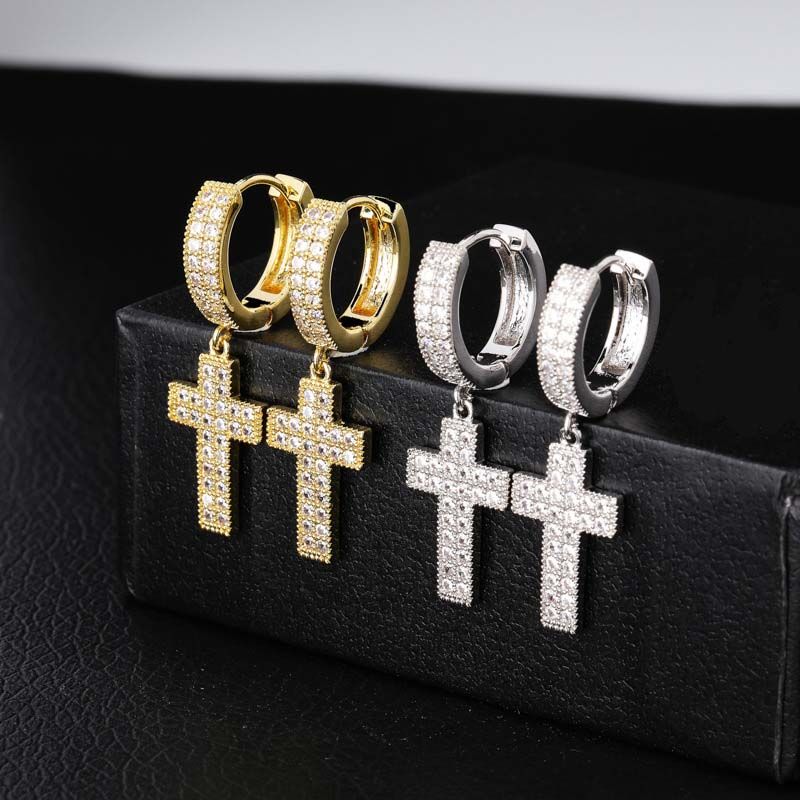 Moissanite Iced Double Rows Cross Earring in Gold
