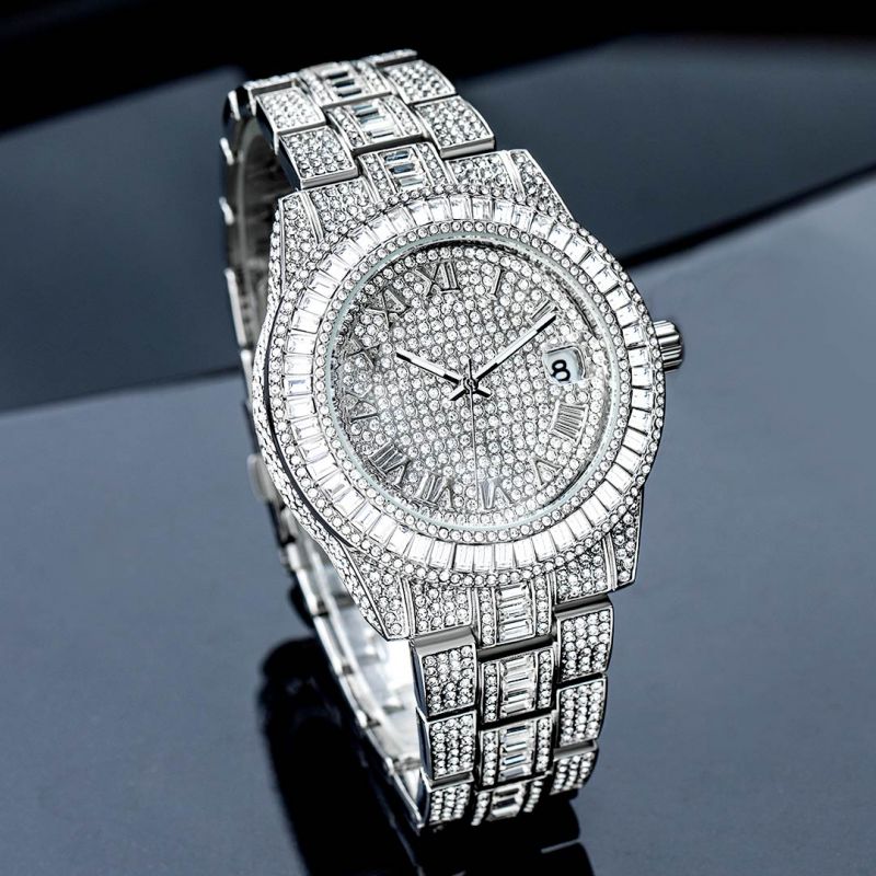 Iced Baguette Cut Roman Numerals Men's Watch in White Gold