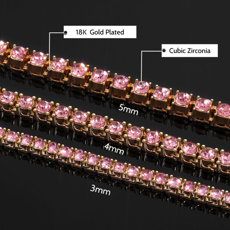 3mm/4mm/5mm Pink Tennis Chain in Gold