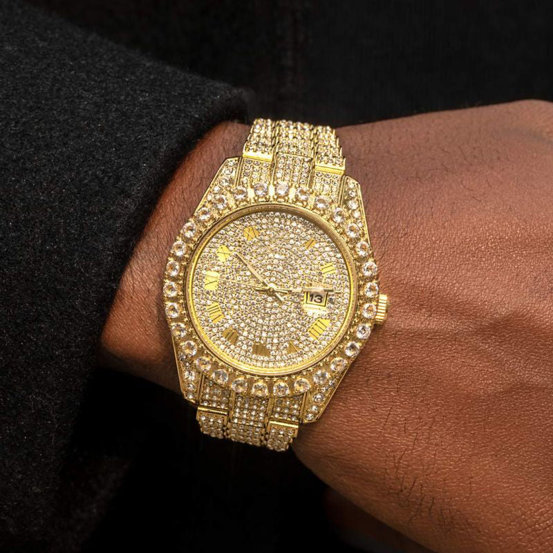 Iced Roman Numerals Round Cut Men's Watch in Gold
