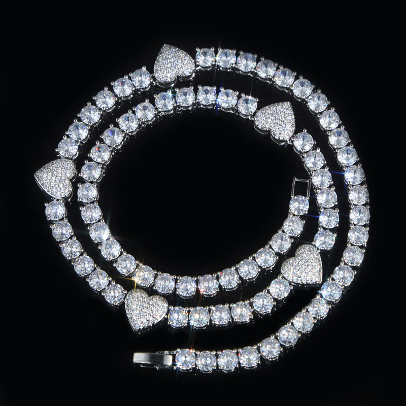 5mm Moissanite Heart and Iced Basketball Tennis Chain in White Gold