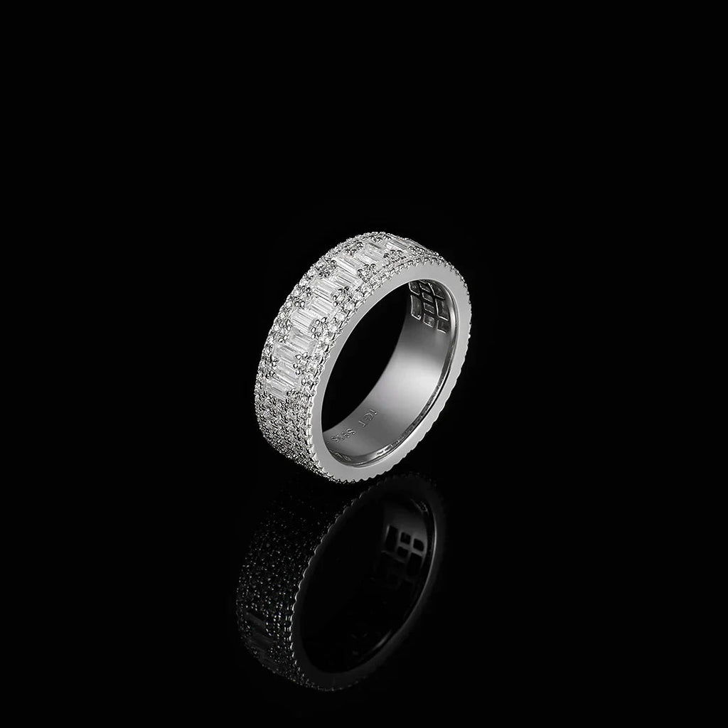 Triple Row Baguette & Pave Moissanite Ring For Men