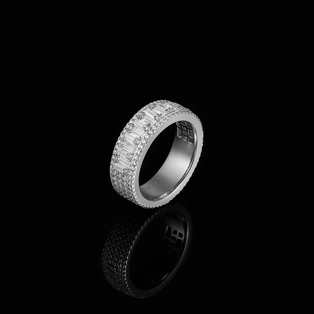 Triple Row Baguette & Pave Moissanite Ring For Men