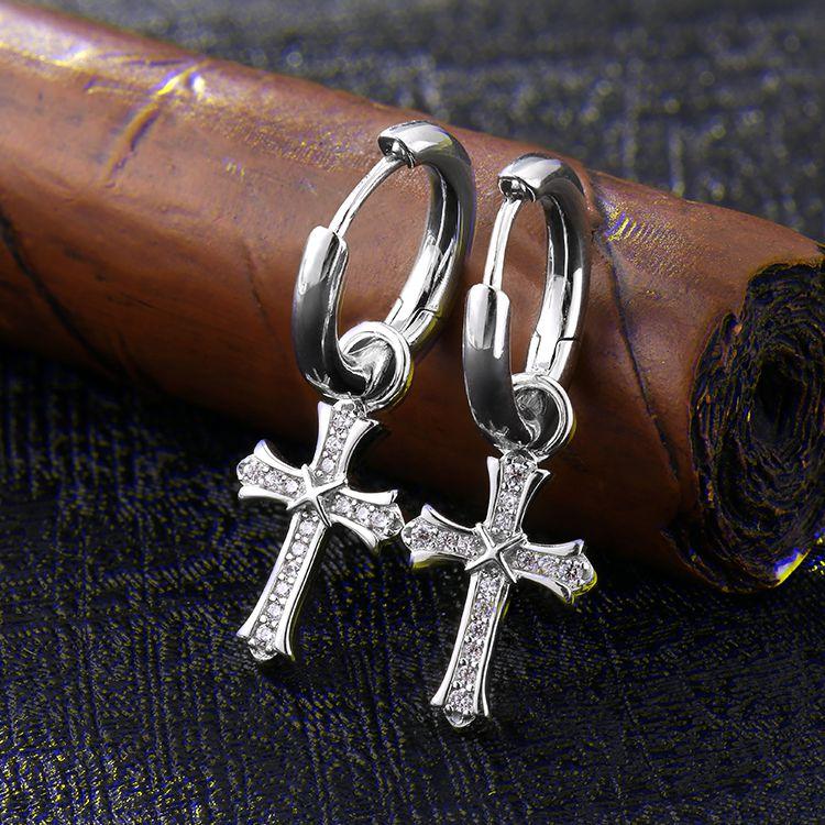 S925 & VVS Moissanite 14K Gold/White Gold Diamond Dangle Cross Mens Earrings (15mm)