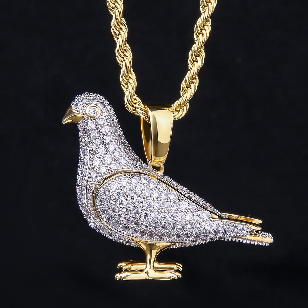 Iced Out Pigeon Mens Moissanite Pendant Necklace in 14K Gold