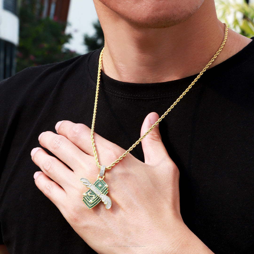 Iced Out Dollar Stack Wing Mens Moissanite Pendant Necklace in 14K Gold