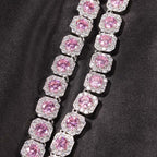 12mm Handset Pink Clustered Moissanite Tennis Chain in White Gold