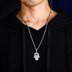 Iced Out Hamsa Hand Mens Moissanite Pendant Necklace in 14K Gold