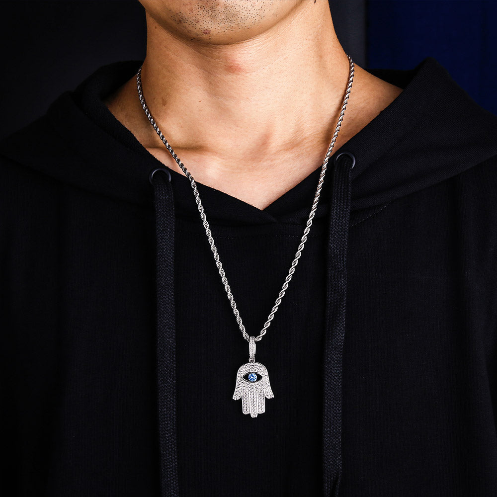 Iced Out Hamsa Hand Mens Moissanite Pendant Necklace in 14K Gold